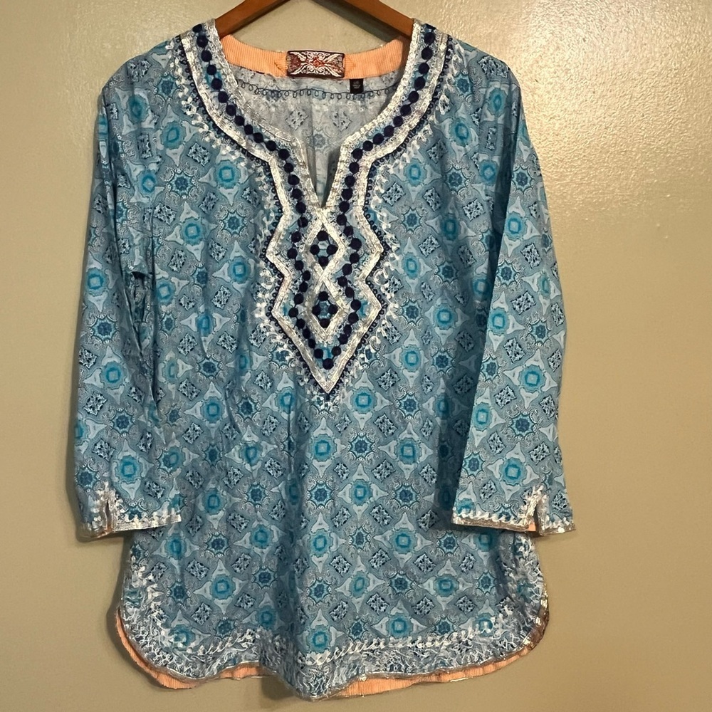 Robert Graham Embroidered 100% Cotton Blue Patterned Women's  Tunic Size L